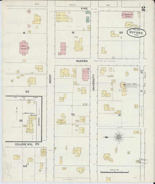 Sanborn Fire Insurance Map from Oxford, Lafayette County, Mississippi (1890), Sheet #0002 - Historic Sanborn Fire Insurance Map Print, vintage old map wall art, antique decor, genealogy gift, Mississippi Mississippi map