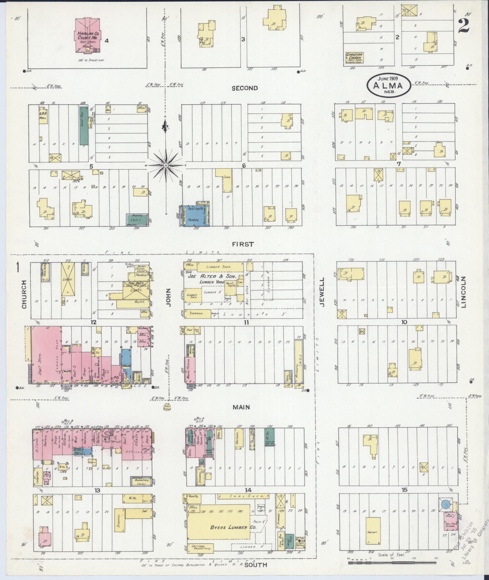Sanborn Fire Insurance Map from Alma, Harlan County, Nebraska (1909), Sheet #0002 - Historic Sanborn Fire Insurance Map Print, vintage old map wall art, antique decor, genealogy gift, Nebraska Nebraska map