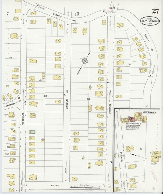 Sanborn Fire Insurance Map from South Norwalk, Fairfield County, Connecticut (1912), Sheet #0027 - Historic Sanborn Fire Insurance Map Print, vintage old map wall art, antique decor, genealogy gift, Connecticut Connecticut map
