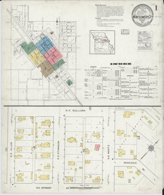 Sanborn Fire Insurance Map from Montgomery City, Montgomery County, Missouri (1917), Sheet #0001 - Complete Map Set gallery image, historic Sanborn map, vintage wall art, Missouri Missouri