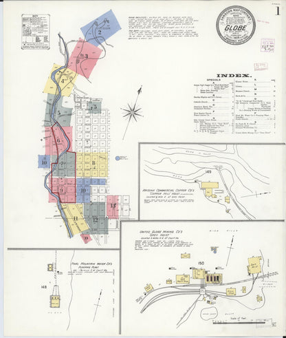 Sanborn Fire Insurance Map from Globe, Gila County, Arizona (1909), Sheet #0001 - Complete Map Set gallery image, historic Sanborn map, vintage wall art, Arizona Arizona