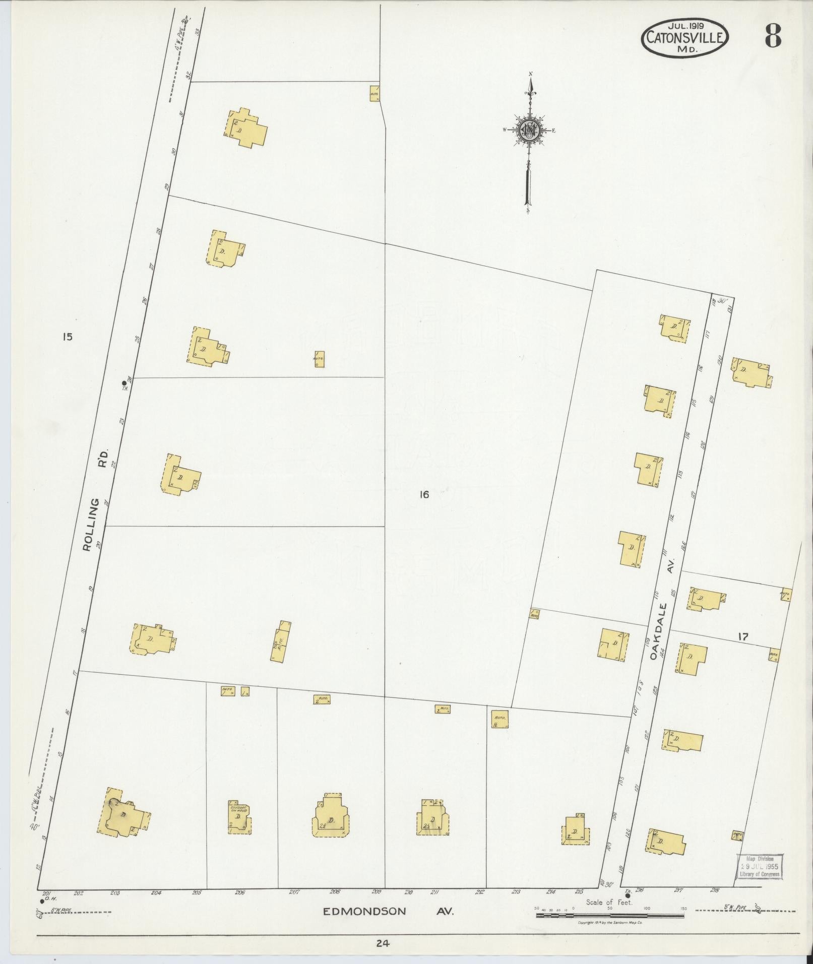 Sanborn Fire Insurance Map from Catonsville, Baltimore County, Maryland (1919), Sheet #0008 - Historic Sanborn Fire Insurance Map Print, vintage old map wall art, antique decor, genealogy gift, Maryland Maryland map