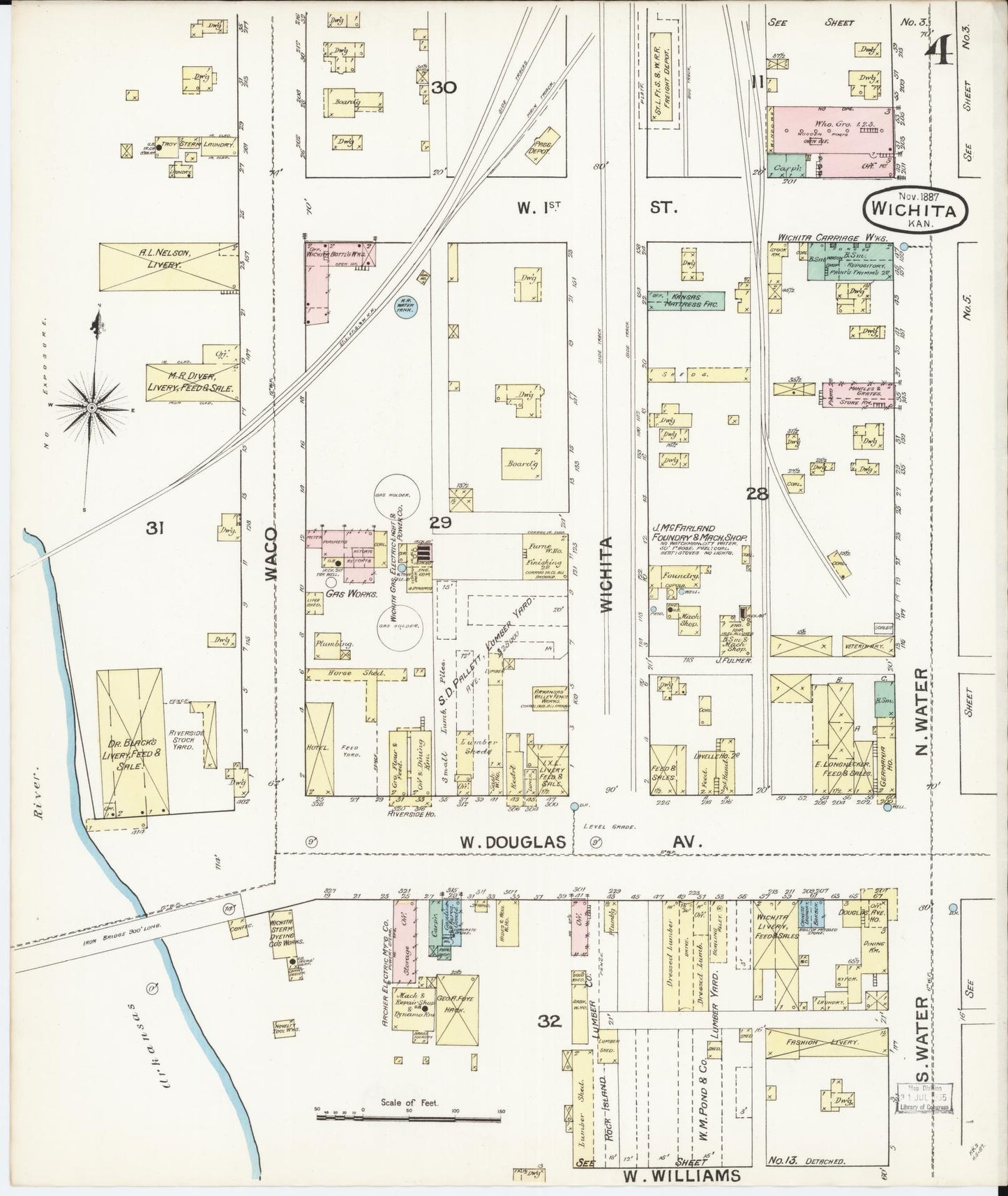 Sanborn Fire Insurance Map from Wichita, Sedgwick County, Kansas (1887), Sheet #0004 - Complete Map Set gallery image, historic Sanborn map, vintage wall art, Kansas Kansas
