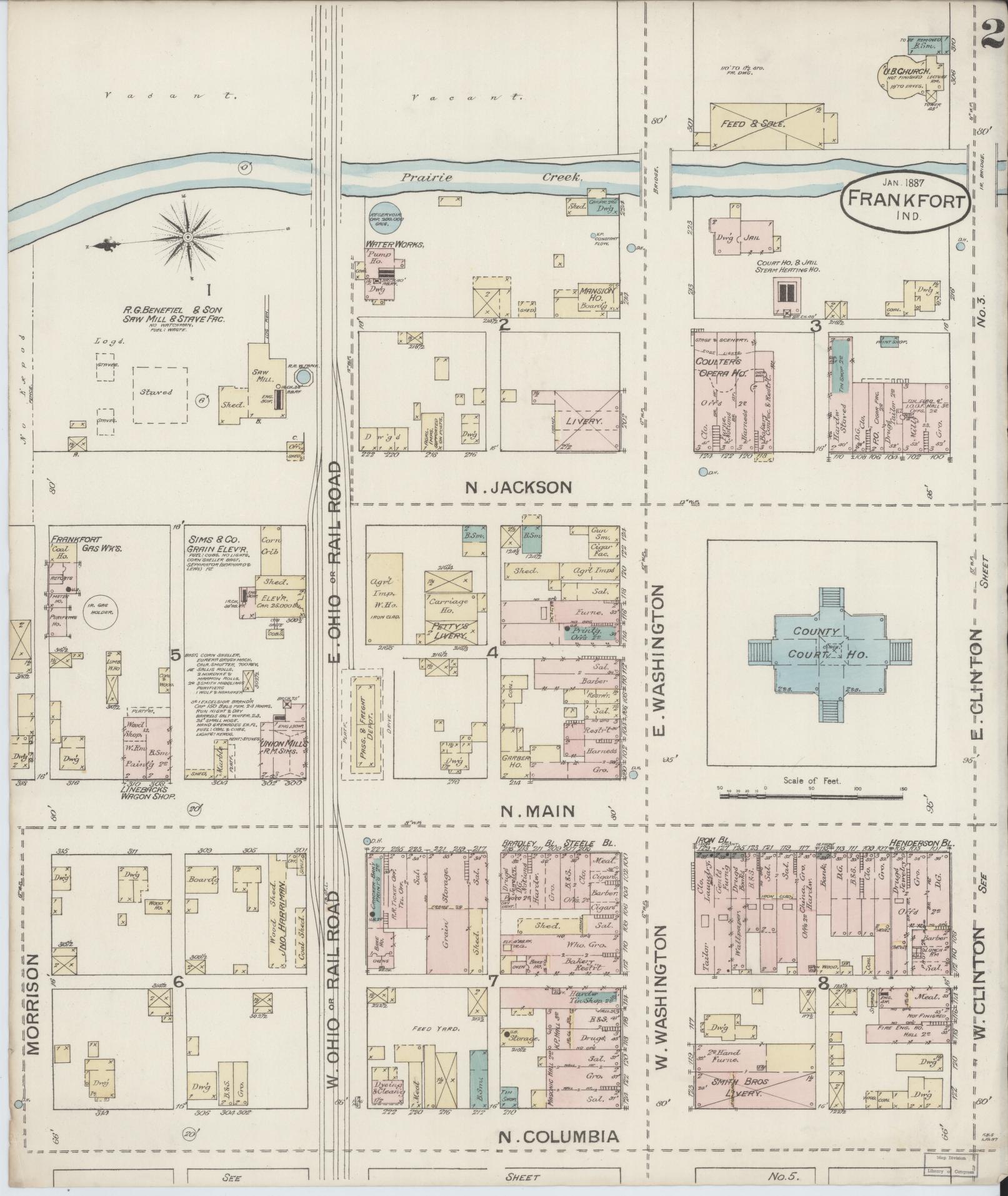 Sanborn Fire Insurance Map from Frankfort, Clinton County, Indiana (1887), Sheet #0002 - Historic Sanborn Fire Insurance Map Print, vintage old map wall art, antique decor, genealogy gift, Indiana Indiana map