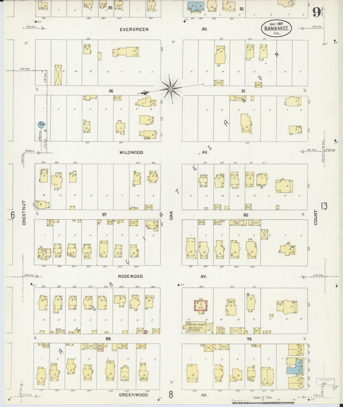 Sanborn Fire Insurance Map from Kankakee, Kankakee County, Illinois (1907), Sheet #0009 - Historic Sanborn Fire Insurance Map Print, vintage old map wall art, antique decor, genealogy gift, Illinois Illinois map
