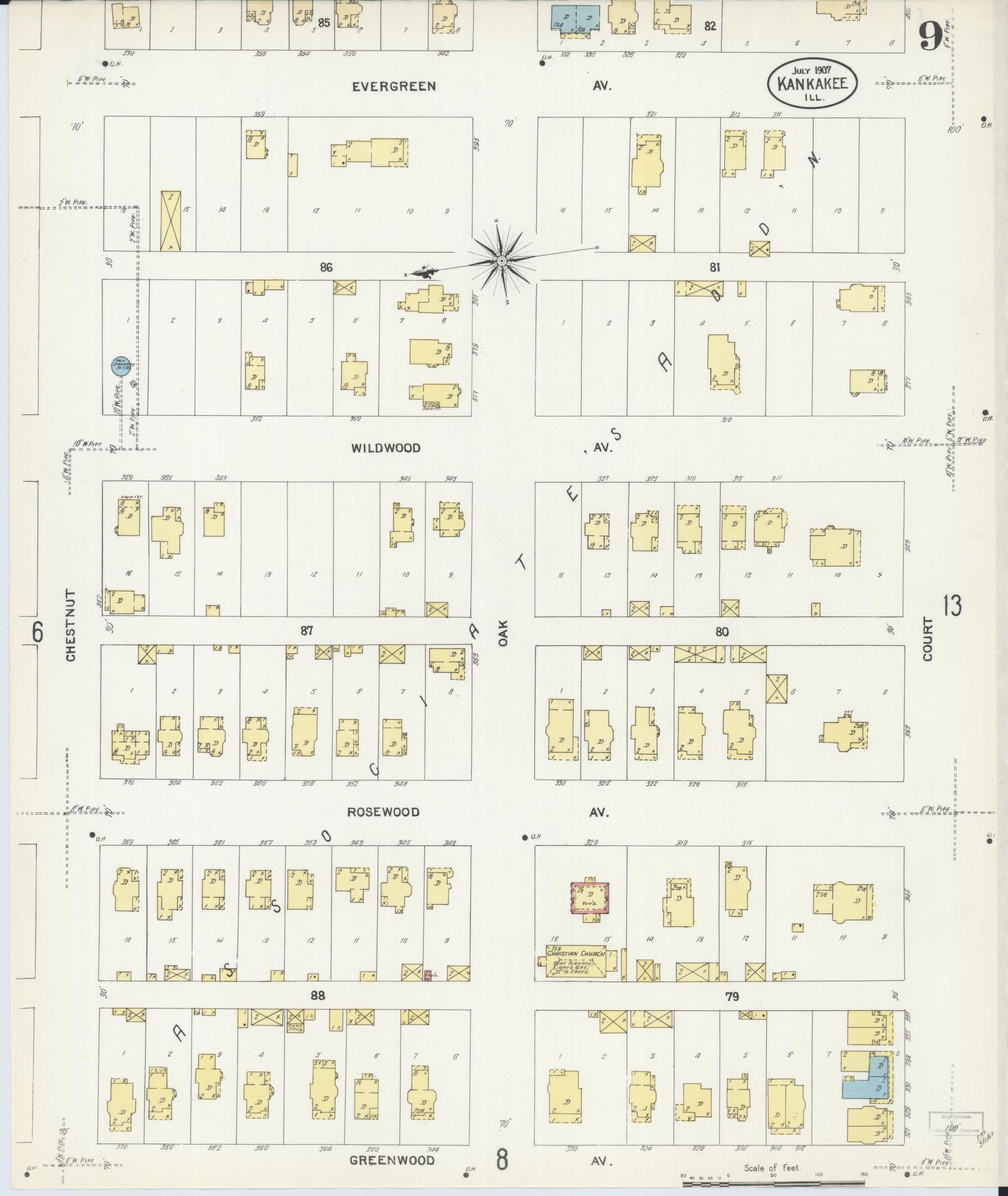 Sanborn Fire Insurance Map from Kankakee, Kankakee County, Illinois (1907), Sheet #0009 - Historic Sanborn Fire Insurance Map Print, vintage old map wall art, antique decor, genealogy gift, Illinois Illinois map