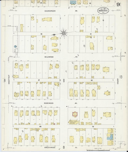 Sanborn Fire Insurance Map from Kankakee, Kankakee County, Illinois (1907), Sheet #0009 - Historic Sanborn Fire Insurance Map Print, vintage old map wall art, antique decor, genealogy gift, Illinois Illinois map