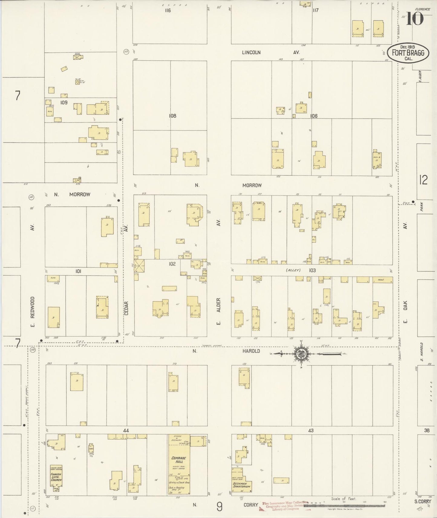 Sanborn Fire Insurance Map from Fort Bragg, Mendocino County, California (1919), Sheet #0010 - Historic Sanborn Fire Insurance Map Print, vintage old map wall art, antique decor, genealogy gift, California California map