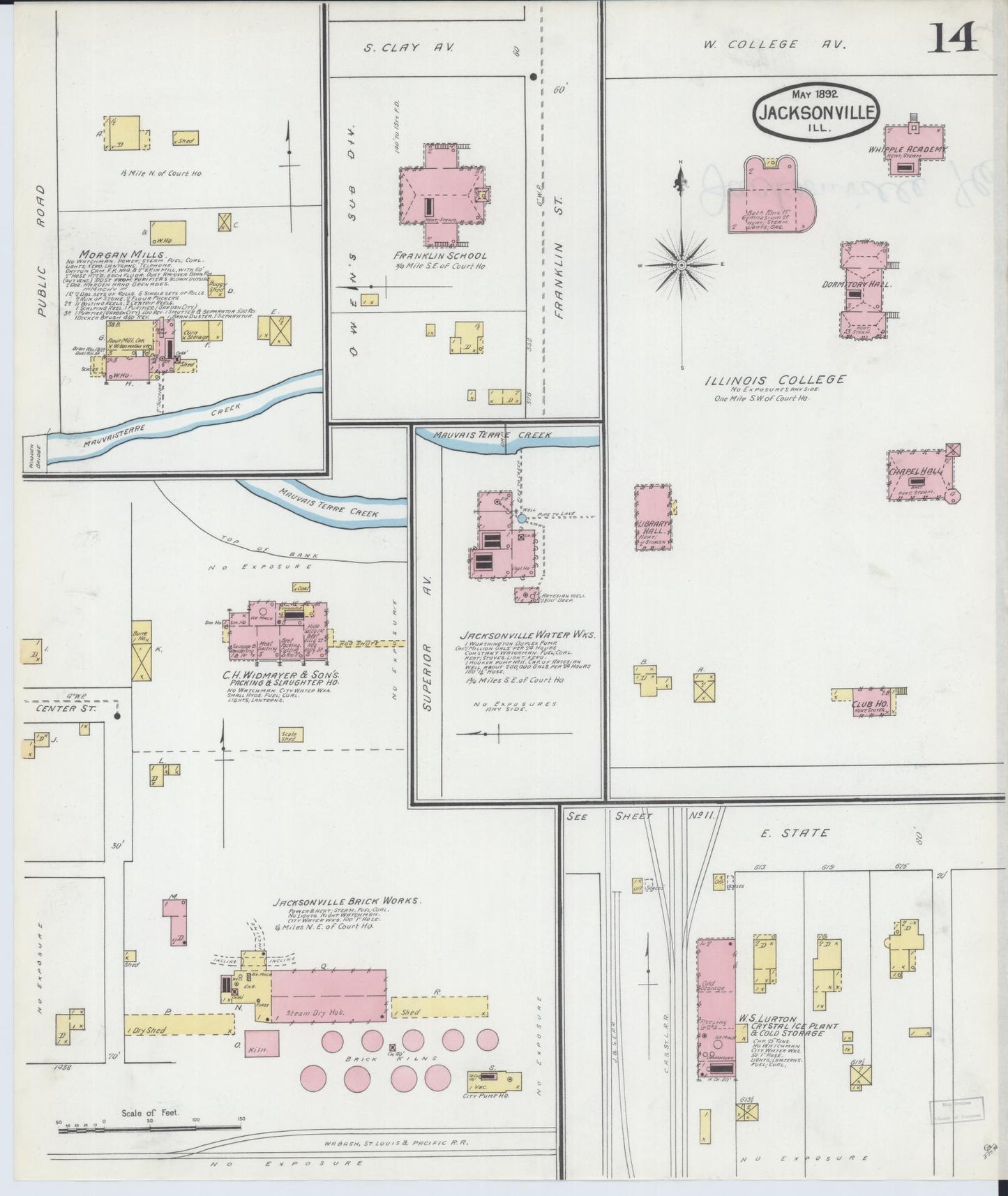 Sanborn Fire Insurance Map from Jacksonville, Morgan County, Illinois (1892), Sheet #0014 - Historic Sanborn Fire Insurance Map Print, vintage old map wall art, antique decor, genealogy gift, Illinois Illinois map
