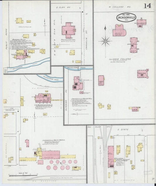 Sanborn Fire Insurance Map from Jacksonville, Morgan County, Illinois (1892), Sheet #0014 - Historic Sanborn Fire Insurance Map Print, vintage old map wall art, antique decor, genealogy gift, Illinois Illinois map