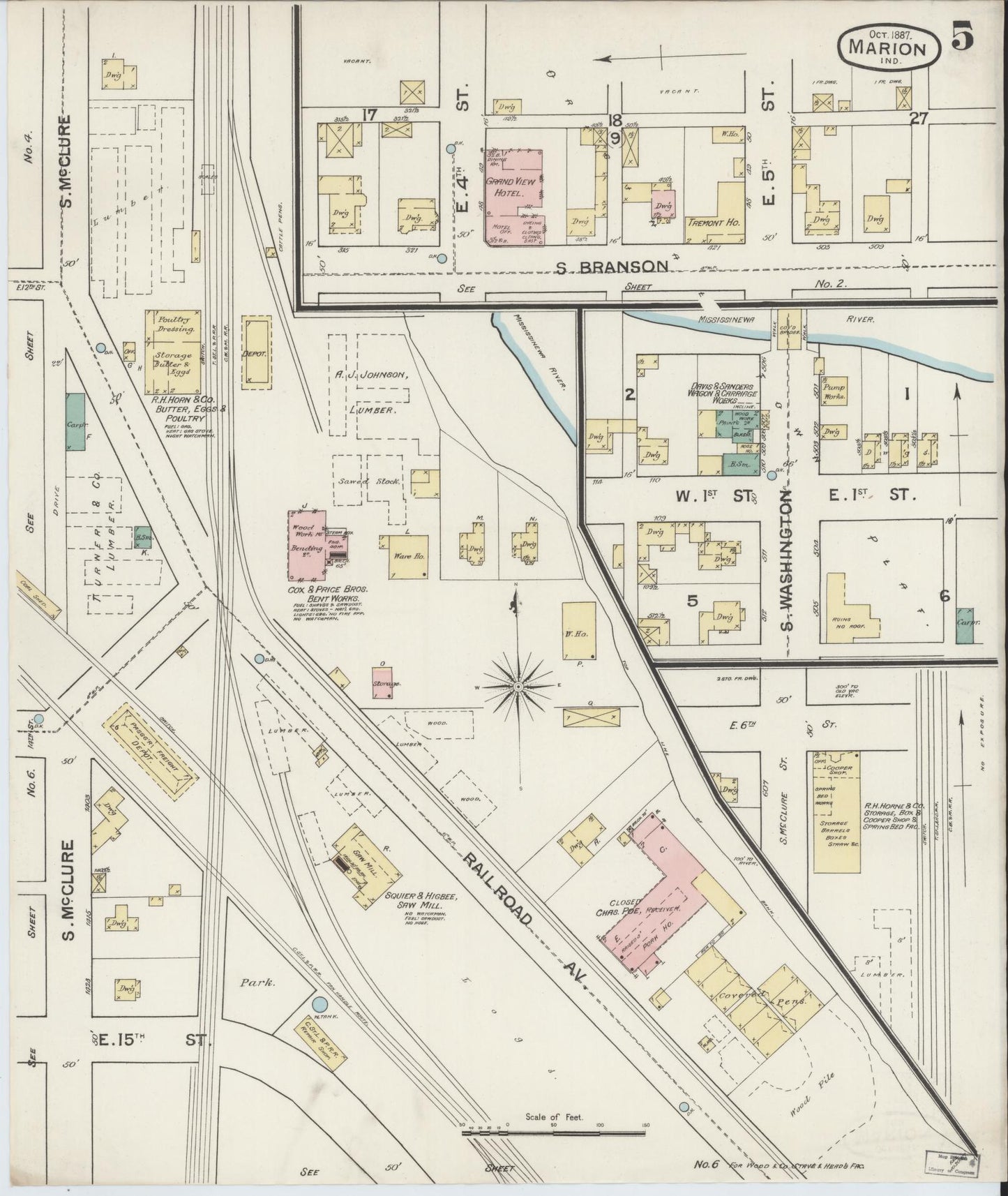 Sanborn Fire Insurance Map from Marion, Grant County, Indiana (1887), Sheet #0005 - Complete Map Set gallery image, historic Sanborn map, vintage wall art, Indiana Indiana