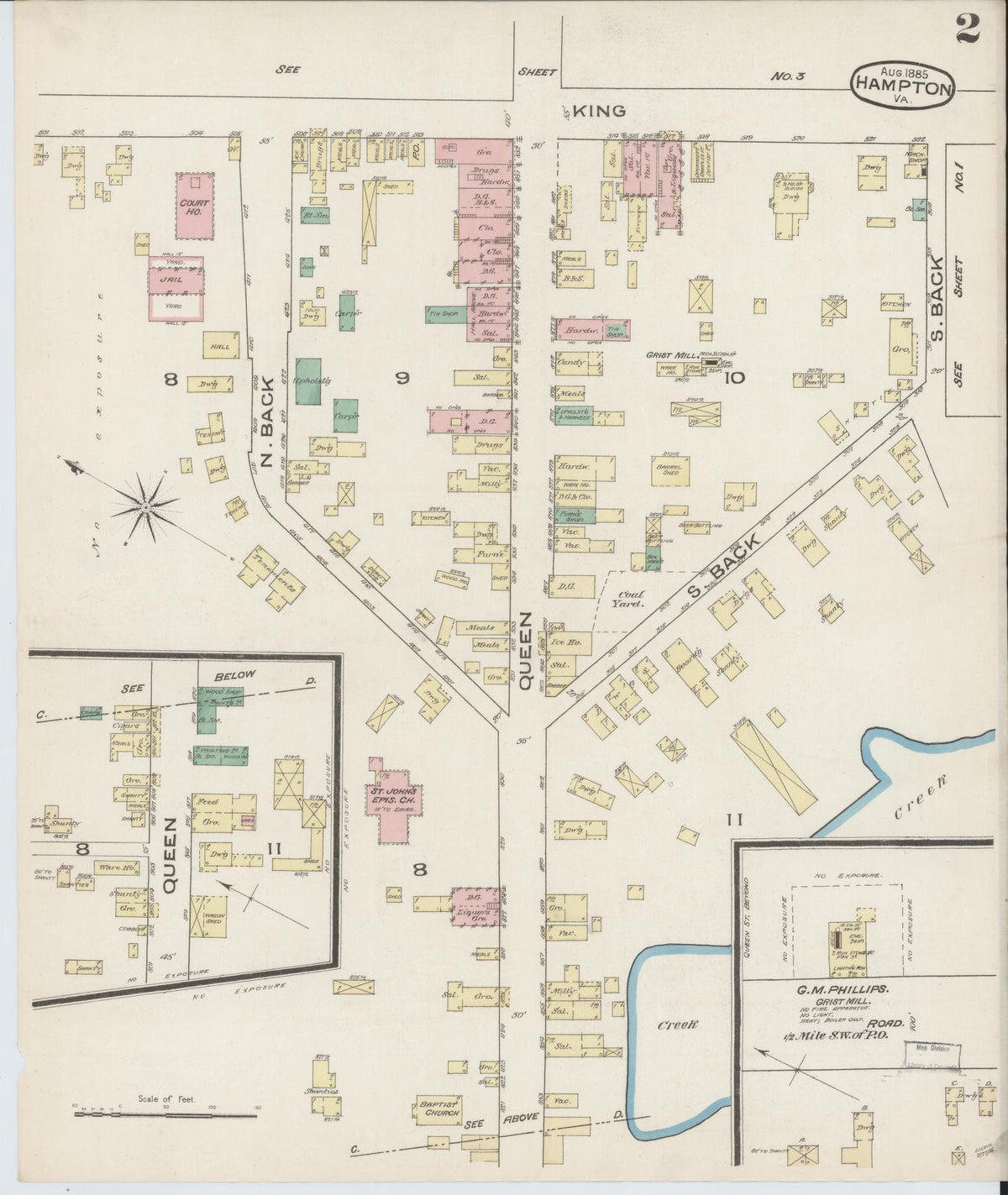Sanborn Fire Insurance Map from Hampton, Independent Cities, Virginia (1885), Sheet #0002 - Historic Sanborn Fire Insurance Map Print, vintage old map wall art, antique decor, genealogy gift, Virginia Virginia map