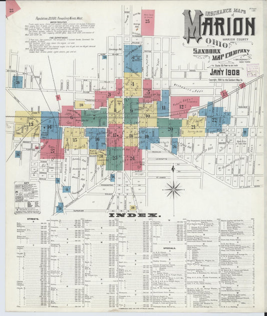 Sanborn Fire Insurance Map from Marion, Marion County, Ohio (1908), Sheet #0001 - Historic Sanborn Fire Insurance Map Print, vintage old map wall art, antique decor, genealogy gift, Ohio Ohio map