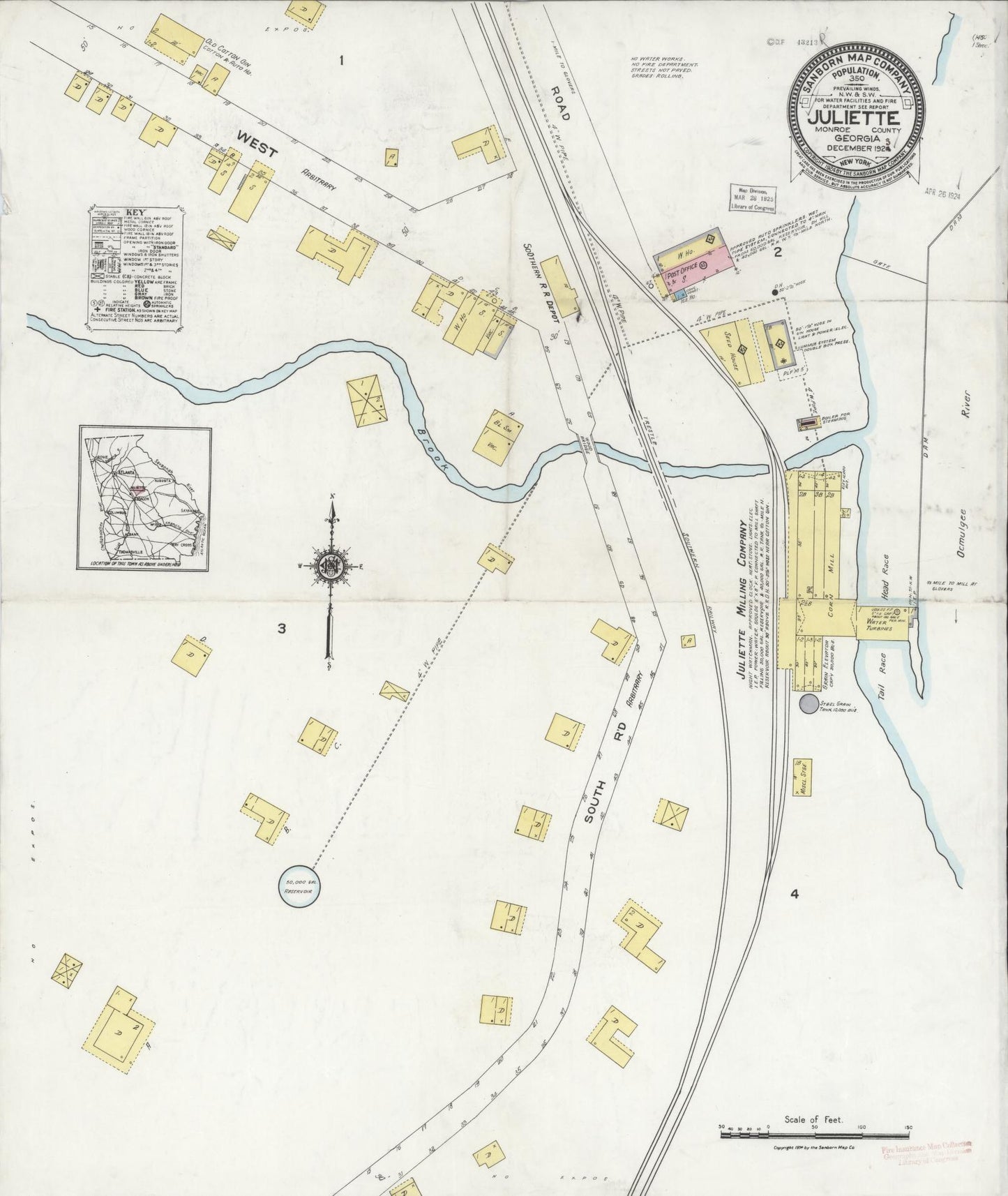Sanborn Fire Insurance Map from Juliette, Monroe County, Georgia (1923), Sheet #0001 - Historic Sanborn Fire Insurance Map Print, vintage old map wall art, antique decor, genealogy gift, Georgia Georgia map