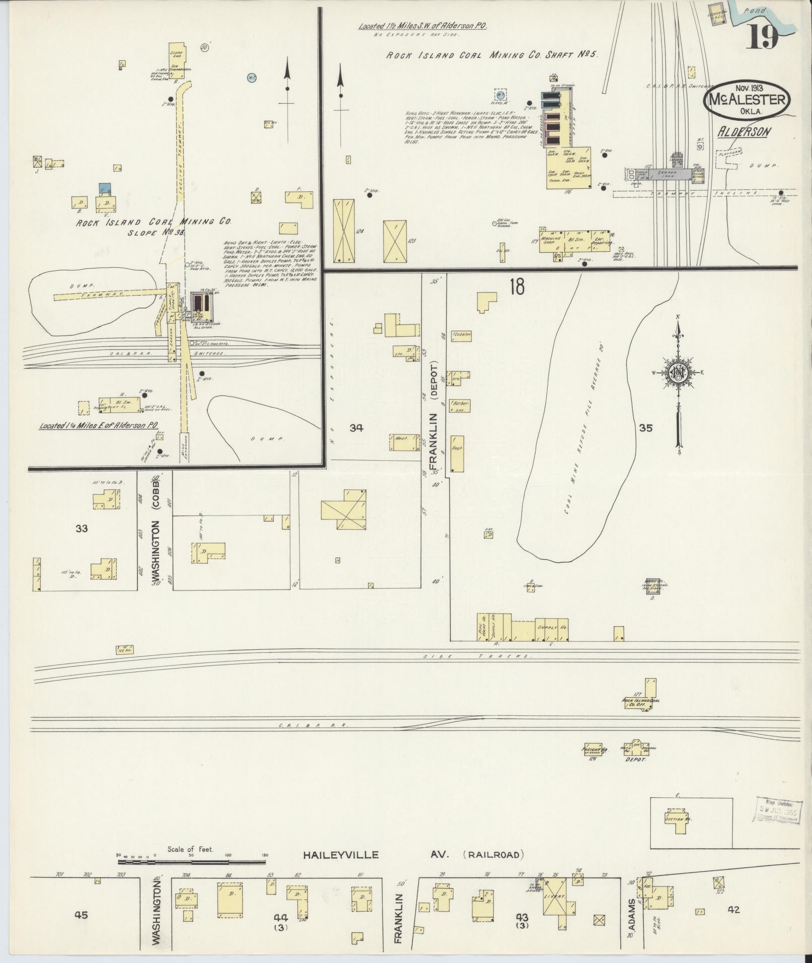 Sanborn Fire Insurance Map from McAlester, Pittsburg County, Oklahoma (1913), Sheet #0019 - Historic Sanborn Fire Insurance Map Print, vintage old map wall art, antique decor, genealogy gift, Oklahoma Oklahoma map