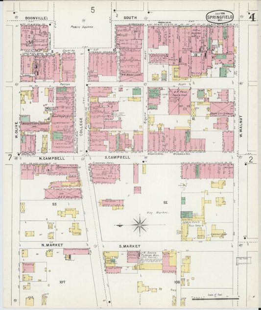 Sanborn Fire Insurance Map from Springfield, Greene County, Missouri (1896), Sheet #0004 - Historic Sanborn Fire Insurance Map Print, vintage old map wall art, antique decor, genealogy gift, Missouri Missouri map