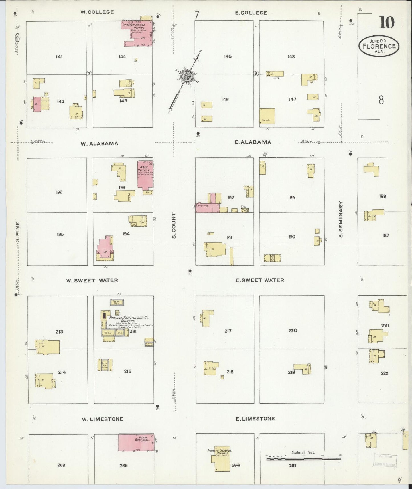 Sanborn Fire Insurance Map from Florence, Lauderdale County, Alabama (1910), Sheet #0010 - Historic Sanborn Fire Insurance Map Print, vintage old map wall art, antique decor, genealogy gift, Alabama Alabama map