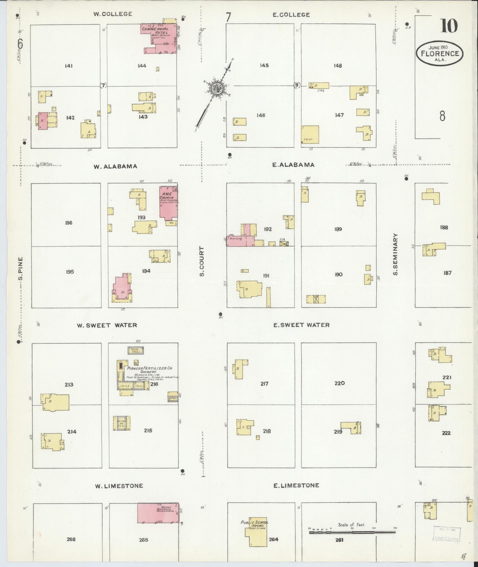 Sanborn Fire Insurance Map from Florence, Lauderdale County, Alabama (1910), Sheet #0010 - Historic Sanborn Fire Insurance Map Print, vintage old map wall art, antique decor, genealogy gift, Alabama Alabama map