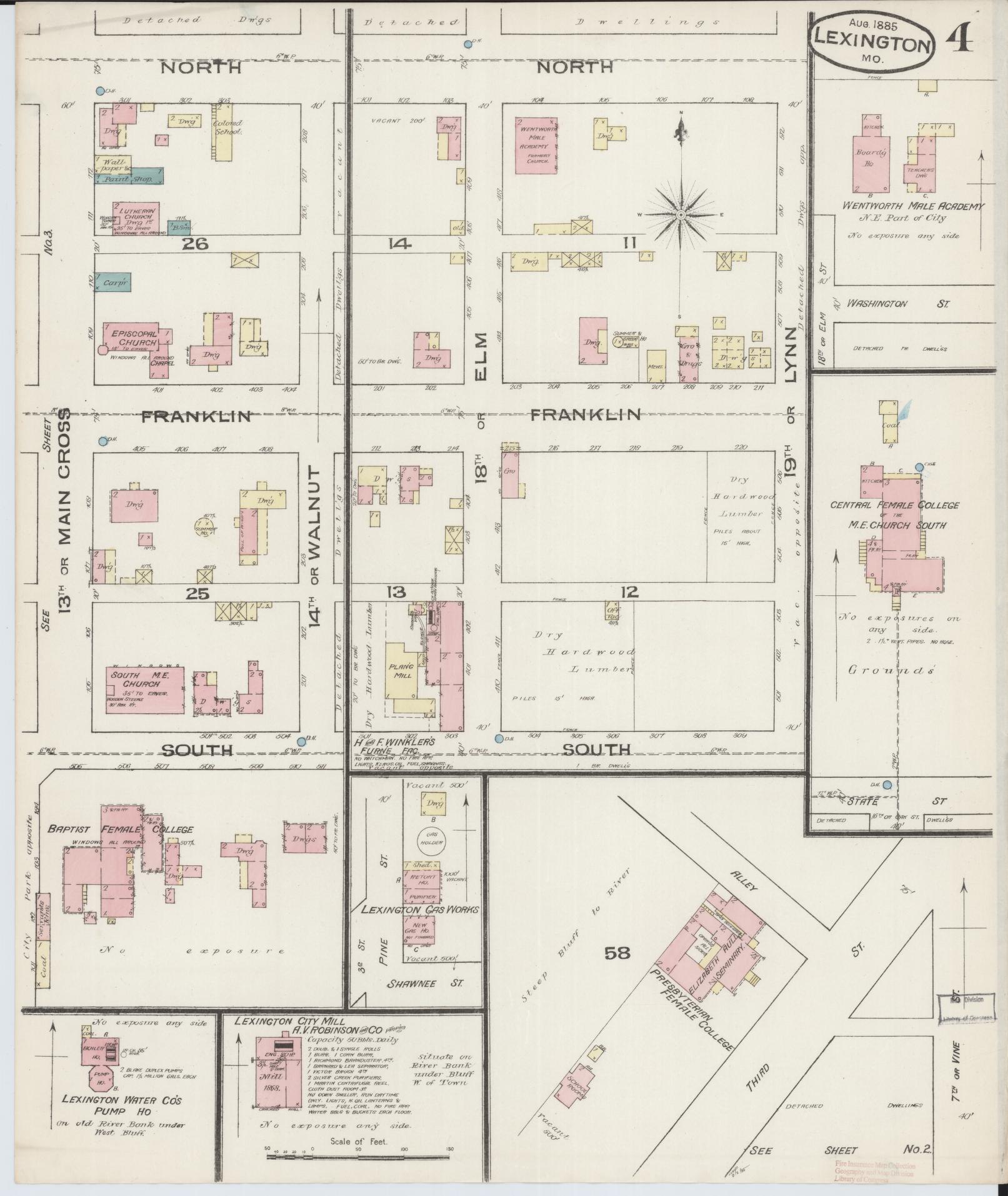 Sanborn Fire Insurance Map from Lexington, Lafayette County, Missouri (1885), Sheet #0004 - Historic Sanborn Fire Insurance Map Print, vintage old map wall art, antique decor, genealogy gift, Missouri Missouri map