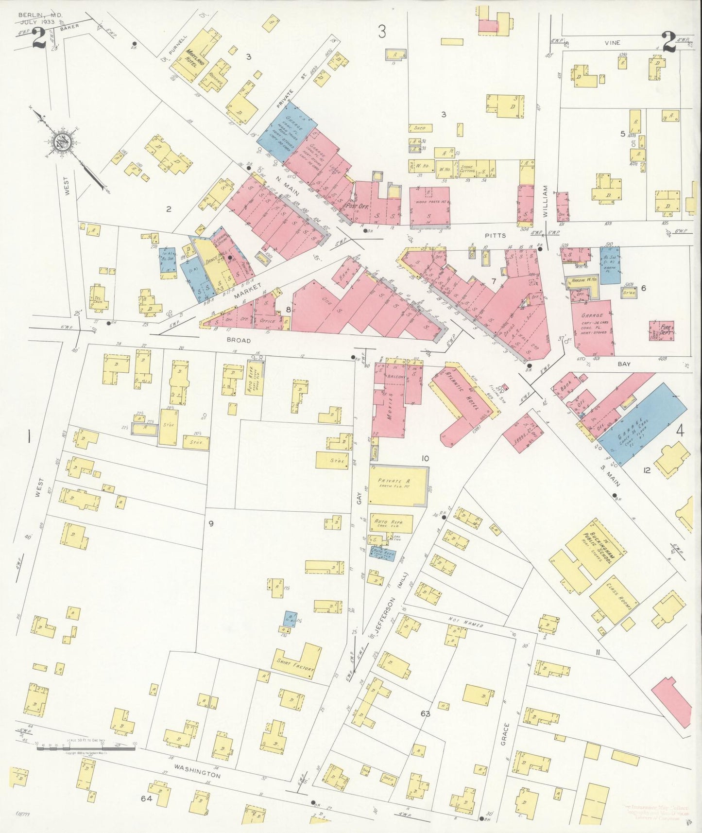 Worcester, Maryland - 1933 - Sanborn Fire Insurance Map, Sheet #0002 - Historic Sanborn Fire Insurance Map Print, Worcester Maryland 1933 0002 vintage old map wall art