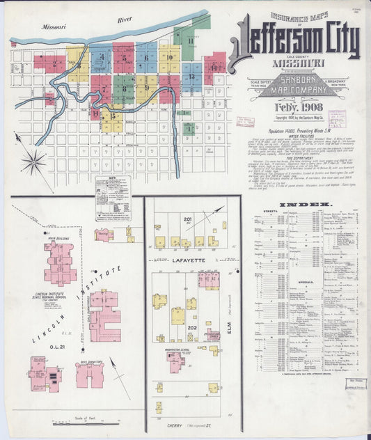 Sanborn Fire Insurance Map from Jefferson City, Cole County, Missouri (1908), Sheet #0001 - Historic Sanborn Fire Insurance Map Print, vintage old map wall art, antique decor, genealogy gift, Missouri Missouri map
