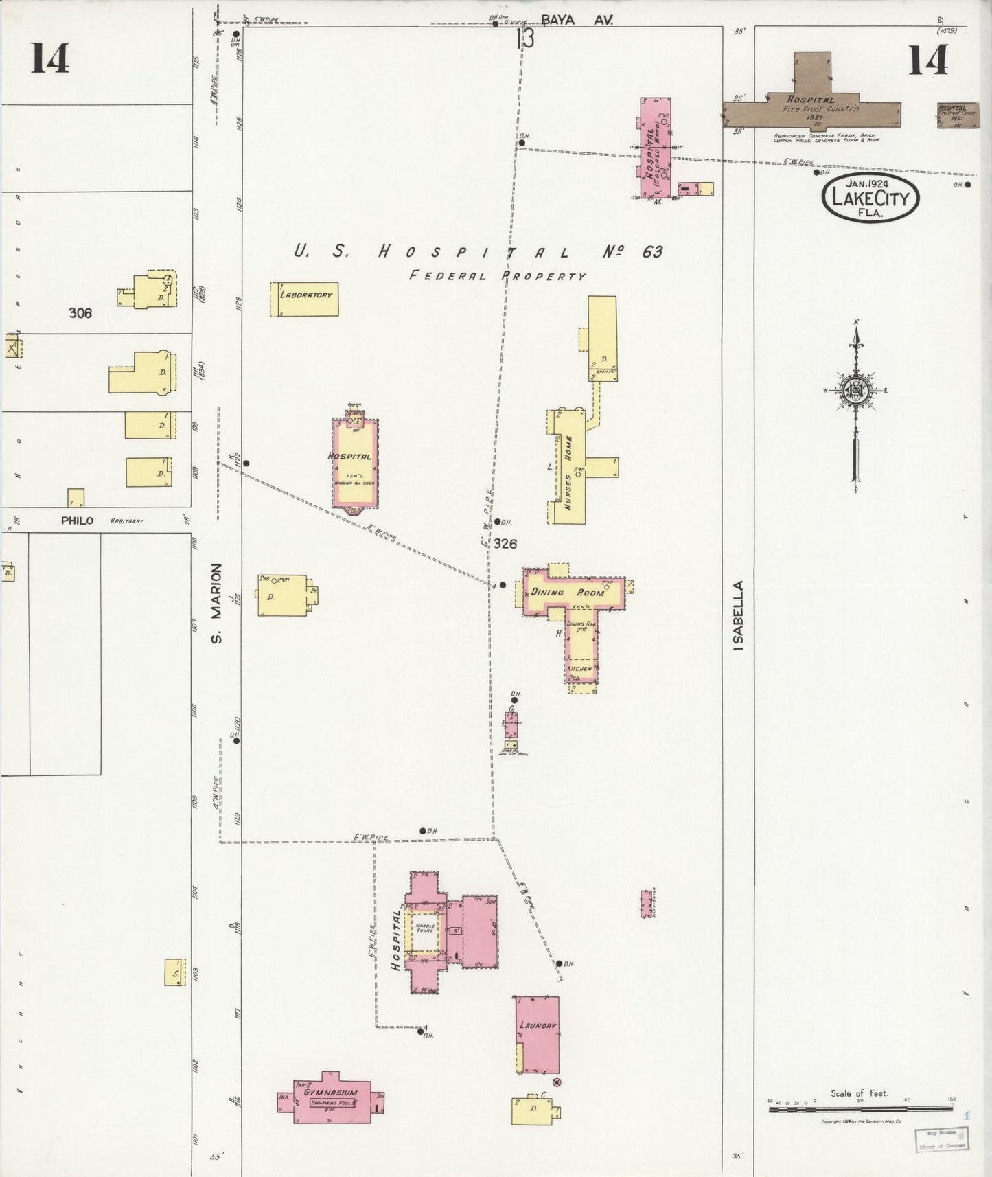 Sanborn Fire Insurance Map from Lake City, Columbia County, Florida (1924), Sheet #0014 - Historic Sanborn Fire Insurance Map Print, vintage old map wall art, antique decor, genealogy gift, Florida Florida map