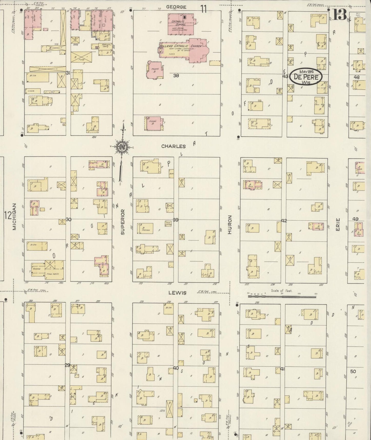 Sanborn Fire Insurance Map from De Pere, Brown County, Wisconsin (1914), Sheet #0013 - Complete Map Set gallery image, historic Sanborn map, vintage wall art, Wisconsin Wisconsin