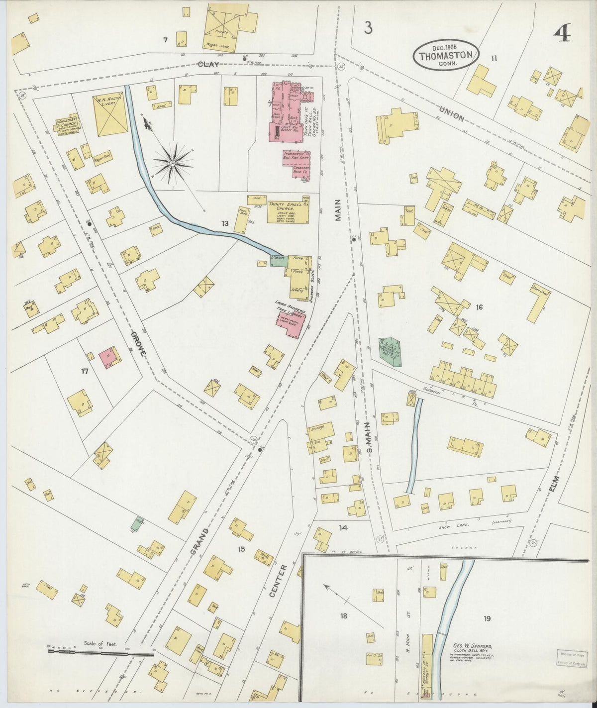 Sanborn Fire Insurance Map from Thomaston, Litchfield County, Connecticut (1905), Sheet #0004 - Historic Sanborn Fire Insurance Map Print, vintage old map wall art, antique decor, genealogy gift, Connecticut Connecticut map