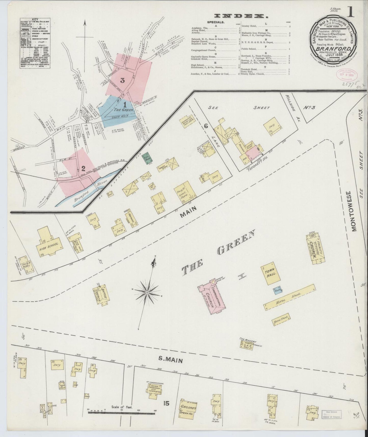 Sanborn Fire Insurance Map from Branford, New Haven County, Connecticut (1889), Sheet #0001 - Complete Map Set gallery image, historic Sanborn map, vintage wall art, Connecticut Connecticut