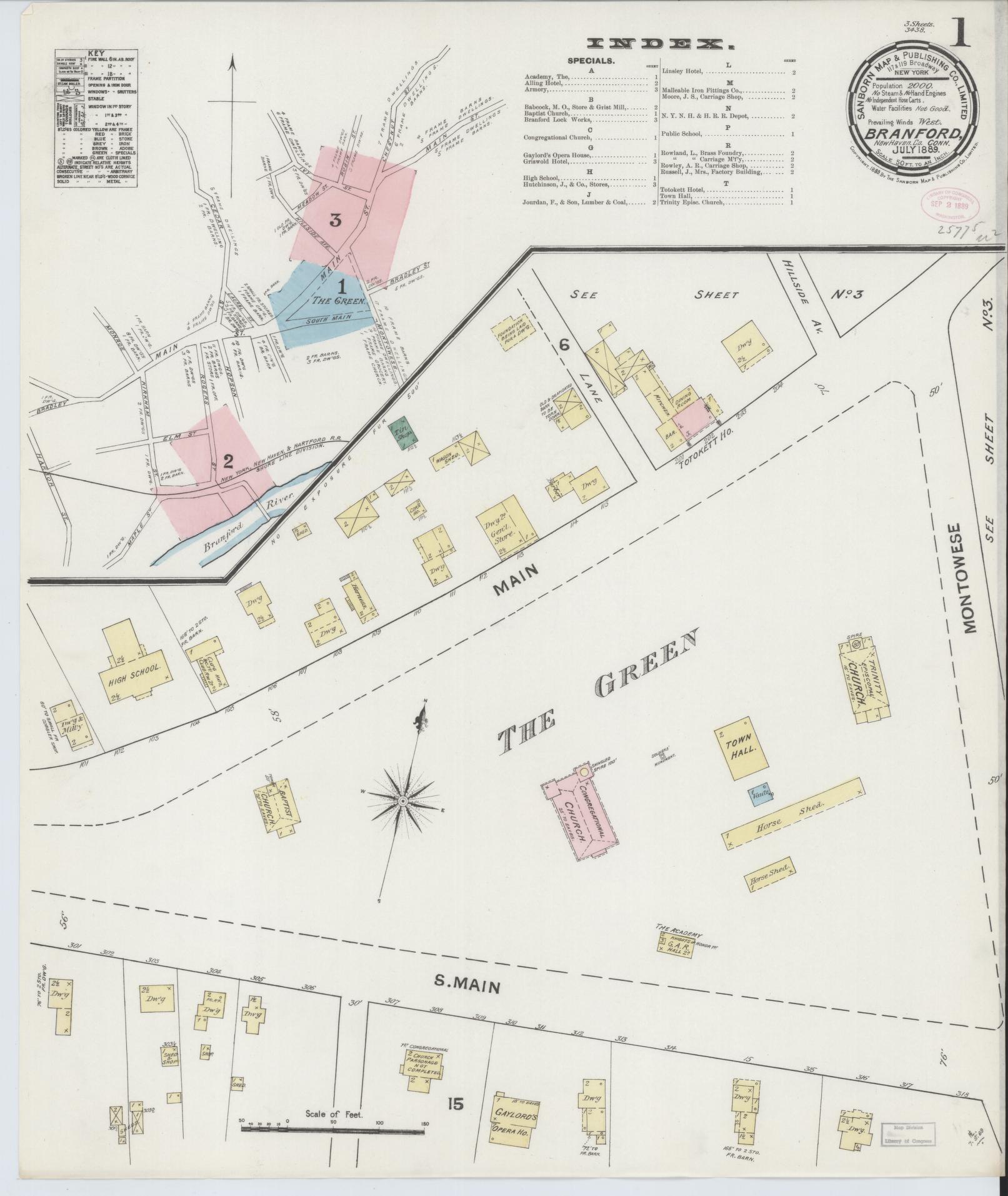 Sanborn Fire Insurance Map from Branford, New Haven County, Connecticut (1889), Sheet #0001 - Complete Map Set gallery image, historic Sanborn map, vintage wall art, Connecticut Connecticut