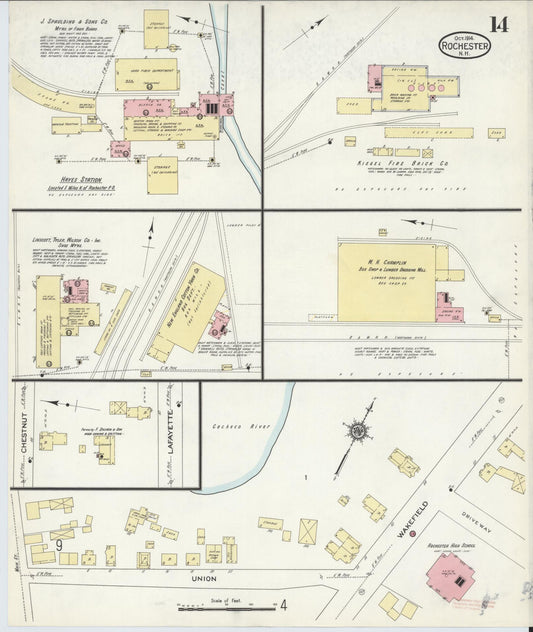 Sanborn Fire Insurance Map from Rochester, Strafford County, New Hampshire (1914), Sheet #0014 - Historic Sanborn Fire Insurance Map Print, vintage old map wall art, antique decor, genealogy gift, New Hampshire New Hampshire map