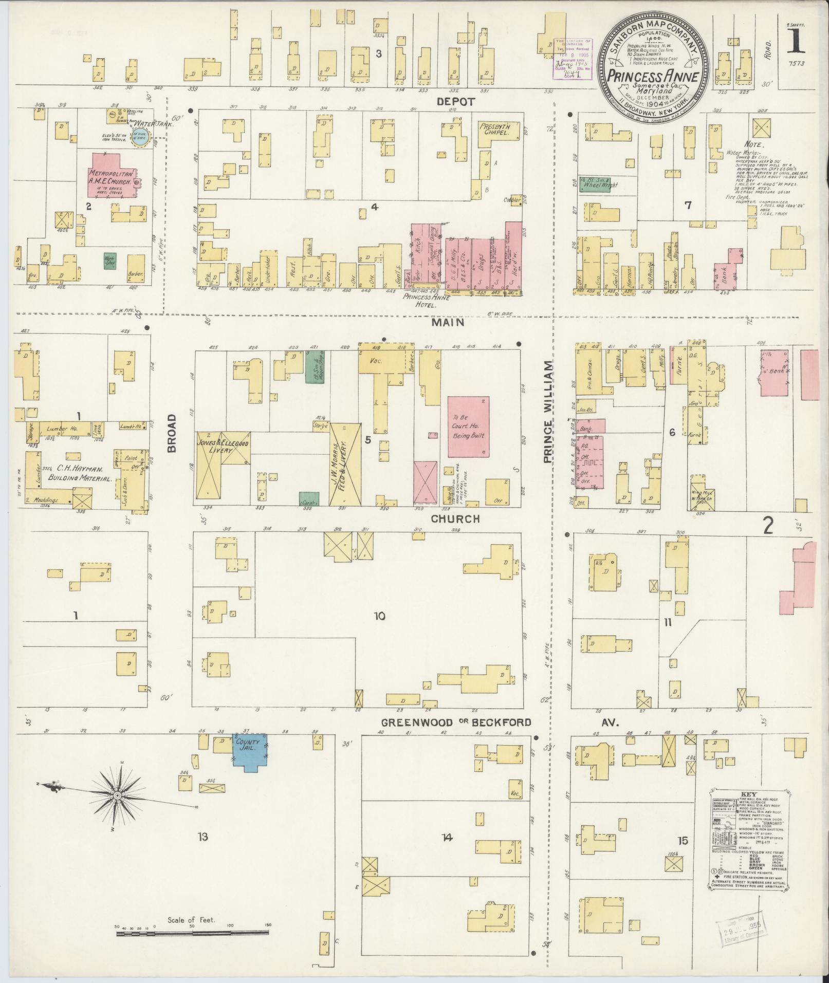 Sanborn Fire Insurance Map from Princess Anne, Somerset County, Maryland (1904), Sheet #0001 - Historic Sanborn Fire Insurance Map Print, vintage old map wall art, antique decor, genealogy gift, Maryland Maryland map