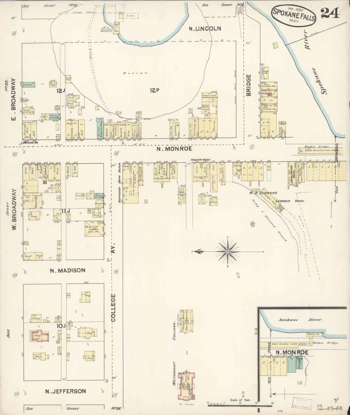 Sanborn Fire Insurance Map from Spokane, Spokane County, Washington (1890), Sheet #0024 - Historic Sanborn Fire Insurance Map Print, vintage old map wall art, antique decor, genealogy gift, Washington Washington map