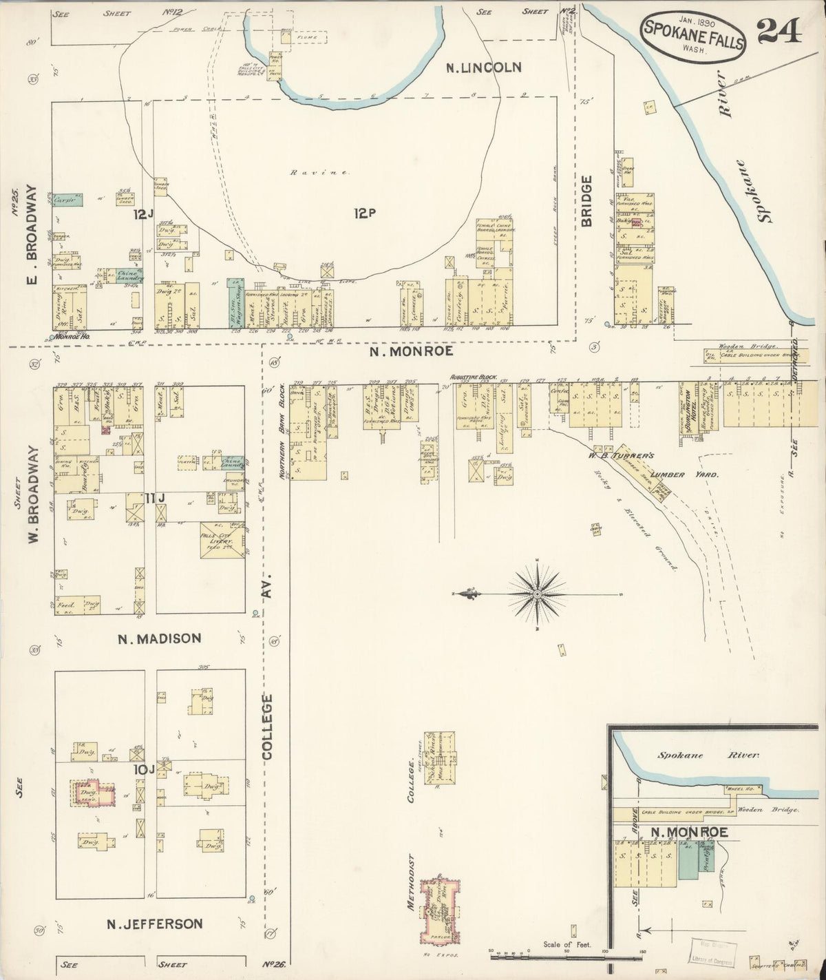 Sanborn Fire Insurance Map from Spokane, Spokane County, Washington (1890), Sheet #0024 - Historic Sanborn Fire Insurance Map Print, vintage old map wall art, antique decor, genealogy gift, Washington Washington map