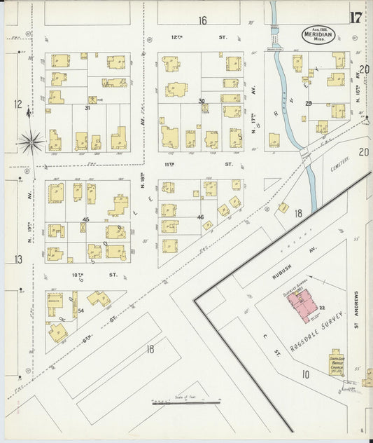 Sanborn Fire Insurance Map from Meridian, Lauderdale County, Mississippi (1906), Sheet #0017 - Historic Sanborn Fire Insurance Map Print, vintage old map wall art, antique decor, genealogy gift, Mississippi Mississippi map