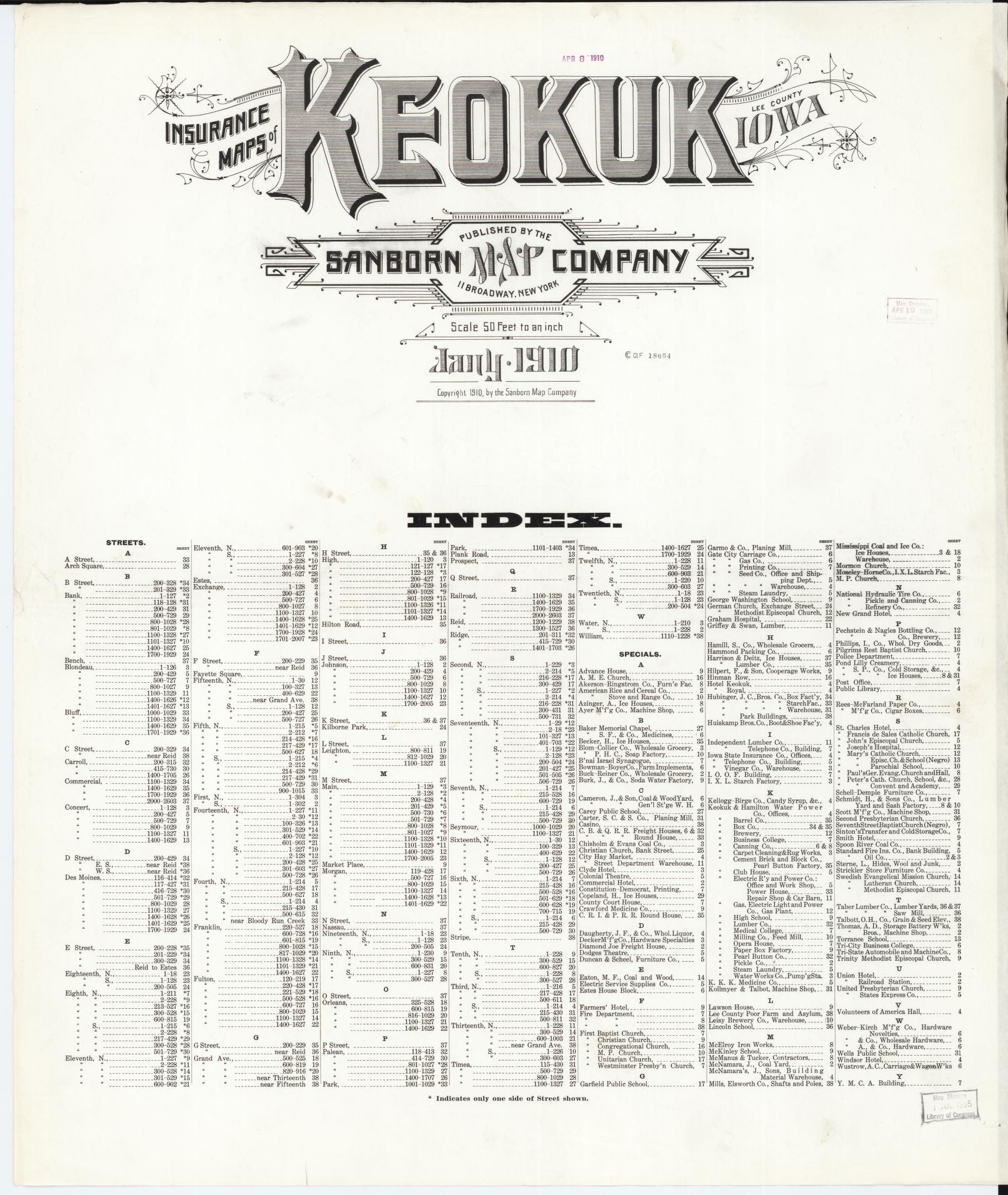 Sanborn Fire Insurance Map from Keokuk, Lee County, Iowa (1910), Sheet #0001 - Historic Sanborn Fire Insurance Map Print, vintage old map wall art