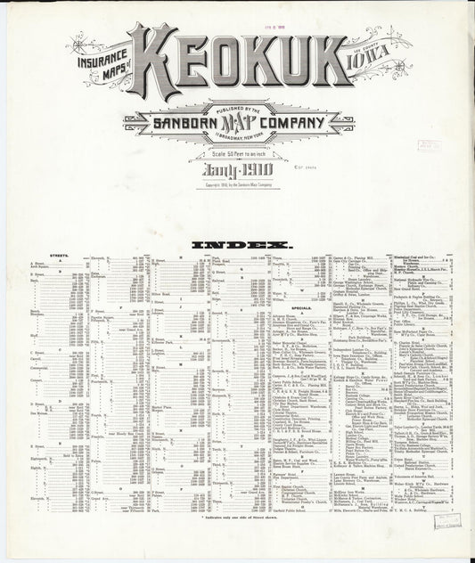 Sanborn Fire Insurance Map from Keokuk, Lee County, Iowa (1910), Sheet #0001 - Historic Sanborn Fire Insurance Map Print, vintage old map wall art