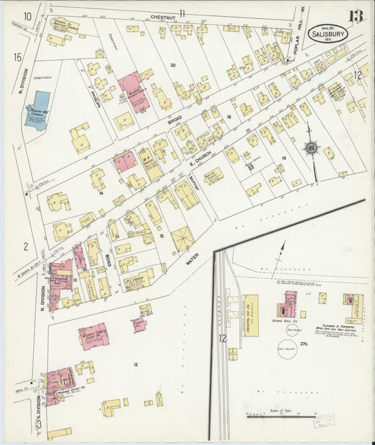 Sanborn Fire Insurance Map from Salisbury, Wicomico County, Maryland (1911), Sheet #0013 - Historic Sanborn Fire Insurance Map Print, vintage old map wall art, antique decor, genealogy gift, Maryland Maryland map