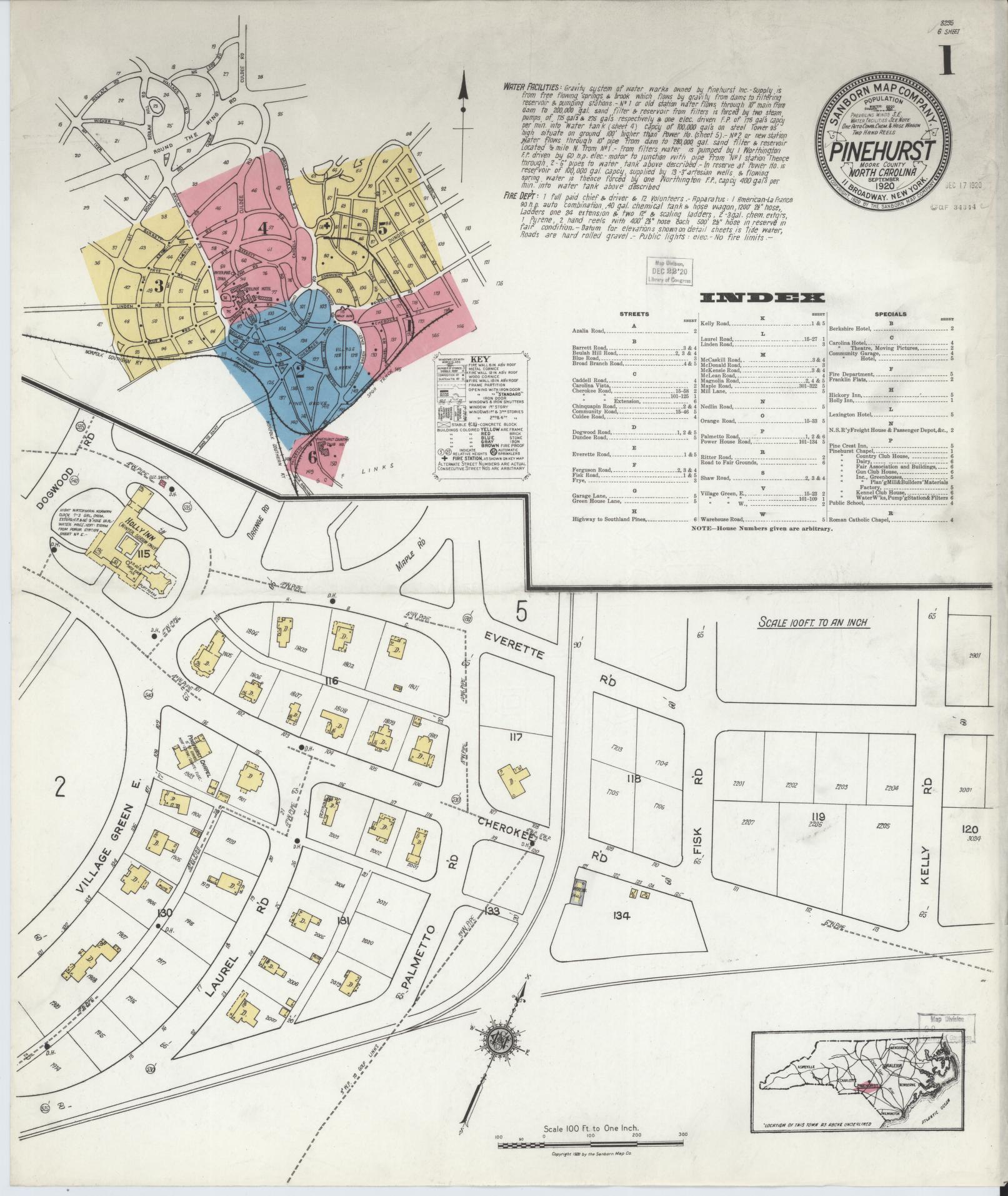 Sanborn Fire Insurance Map from Pinehurst, Moore County, North Carolina (1920), Sheet #0001 - Historic Sanborn Fire Insurance Map Print, vintage old map wall art, antique decor, genealogy gift, North Carolina North Carolina map