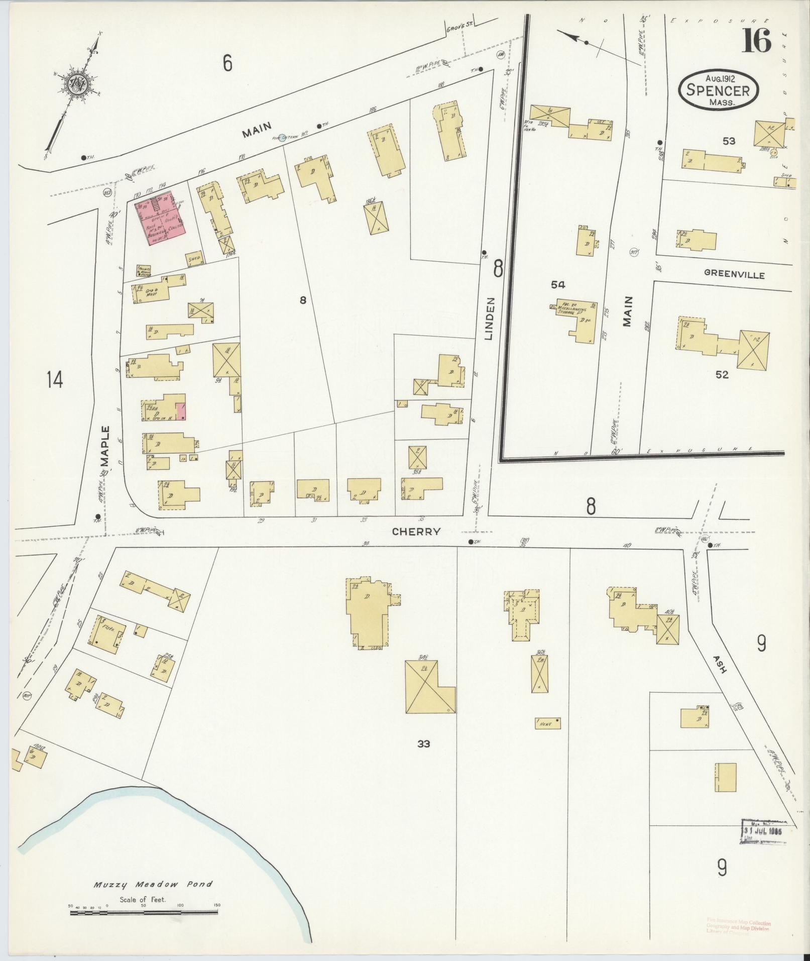 Sanborn Fire Insurance Map from Spencer, Worcester County, Massachusetts (1912), Sheet #0016 - Historic Sanborn Fire Insurance Map Print, vintage old map wall art, antique decor, genealogy gift, Massachusetts Massachusetts map