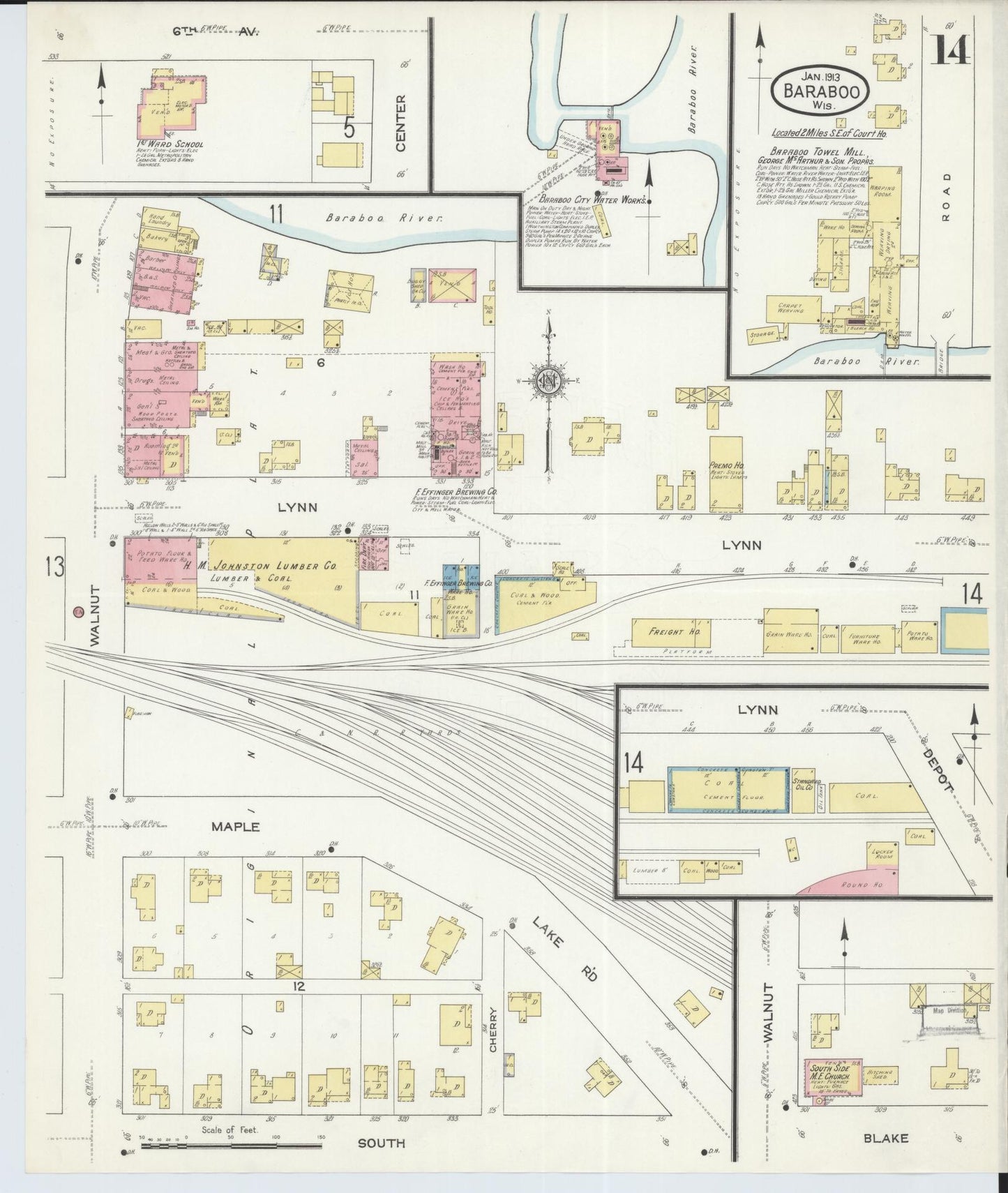 Sanborn Fire Insurance Map from Baraboo, Sauk County, Wisconsin (1913), Sheet #0014 - Complete Map Set gallery image, historic Sanborn map, vintage wall art, Wisconsin Wisconsin