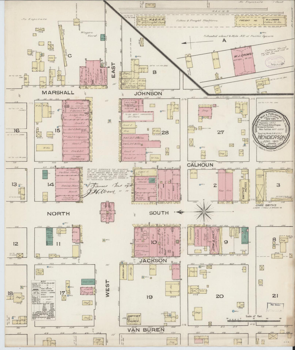 Sanborn Fire Insurance Map from Henderson, Rusk County, Texas (1885), Sheet #0001 - Historic Sanborn Fire Insurance Map Print, vintage old map wall art, antique decor, genealogy gift, Texas Texas map