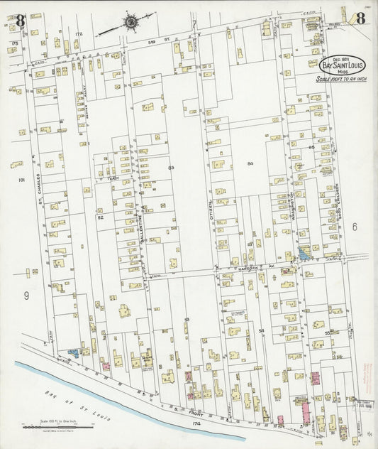 Sanborn Fire Insurance Map from Bay Saint Louis, Hancock County, Mississippi (1924), Sheet #0008 - Historic Sanborn Fire Insurance Map Print, vintage old map wall art, antique decor, genealogy gift, Mississippi Mississippi map