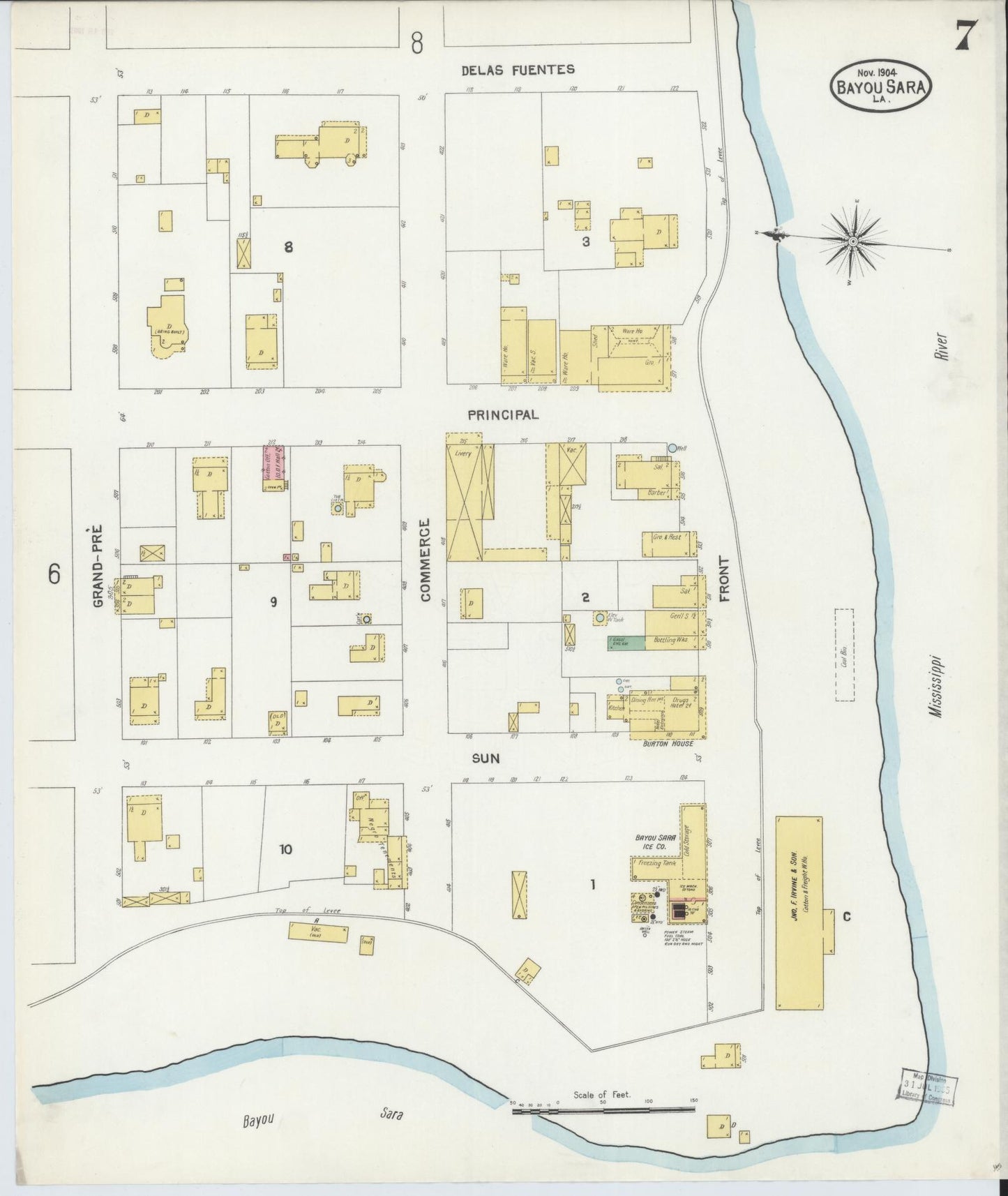 Sanborn Fire Insurance Map from Bayou Sara, West Feliciana Parish, Louisiana (1904), Sheet #0007 - Complete Map Set gallery image, historic Sanborn map, vintage wall art, Louisiana Louisiana