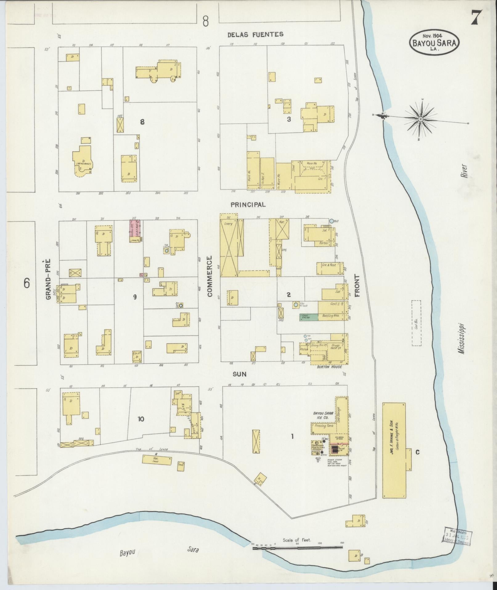Sanborn Fire Insurance Map from Bayou Sara, West Feliciana Parish, Louisiana (1904), Sheet #0007 - Complete Map Set gallery image, historic Sanborn map, vintage wall art, Louisiana Louisiana