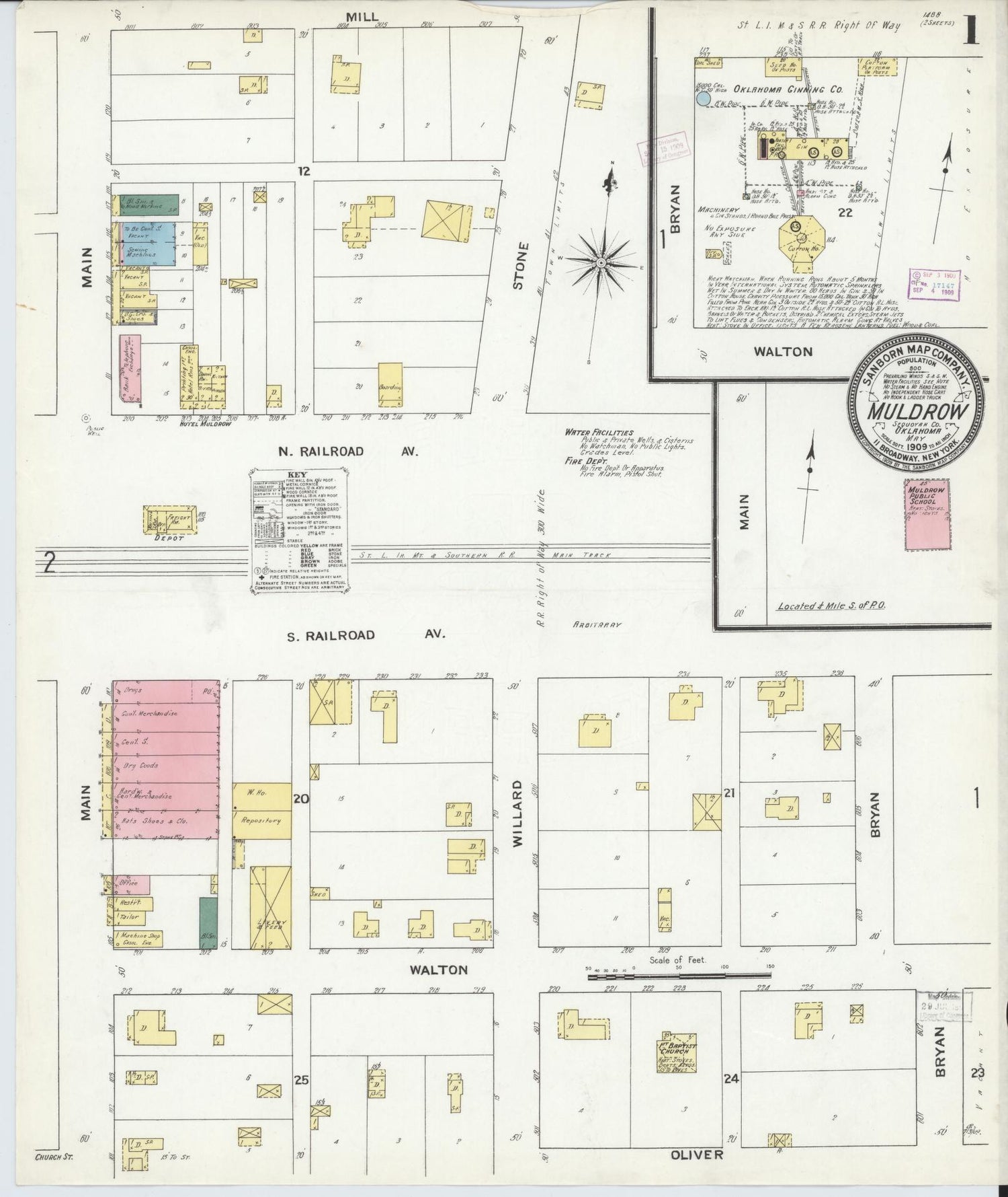 Sanborn Fire Insurance Map from Muldrow, Sequoyah County, Oklahoma (1909), Sheet #0001 - Complete Map Set gallery image, historic Sanborn map, vintage wall art, Oklahoma Oklahoma