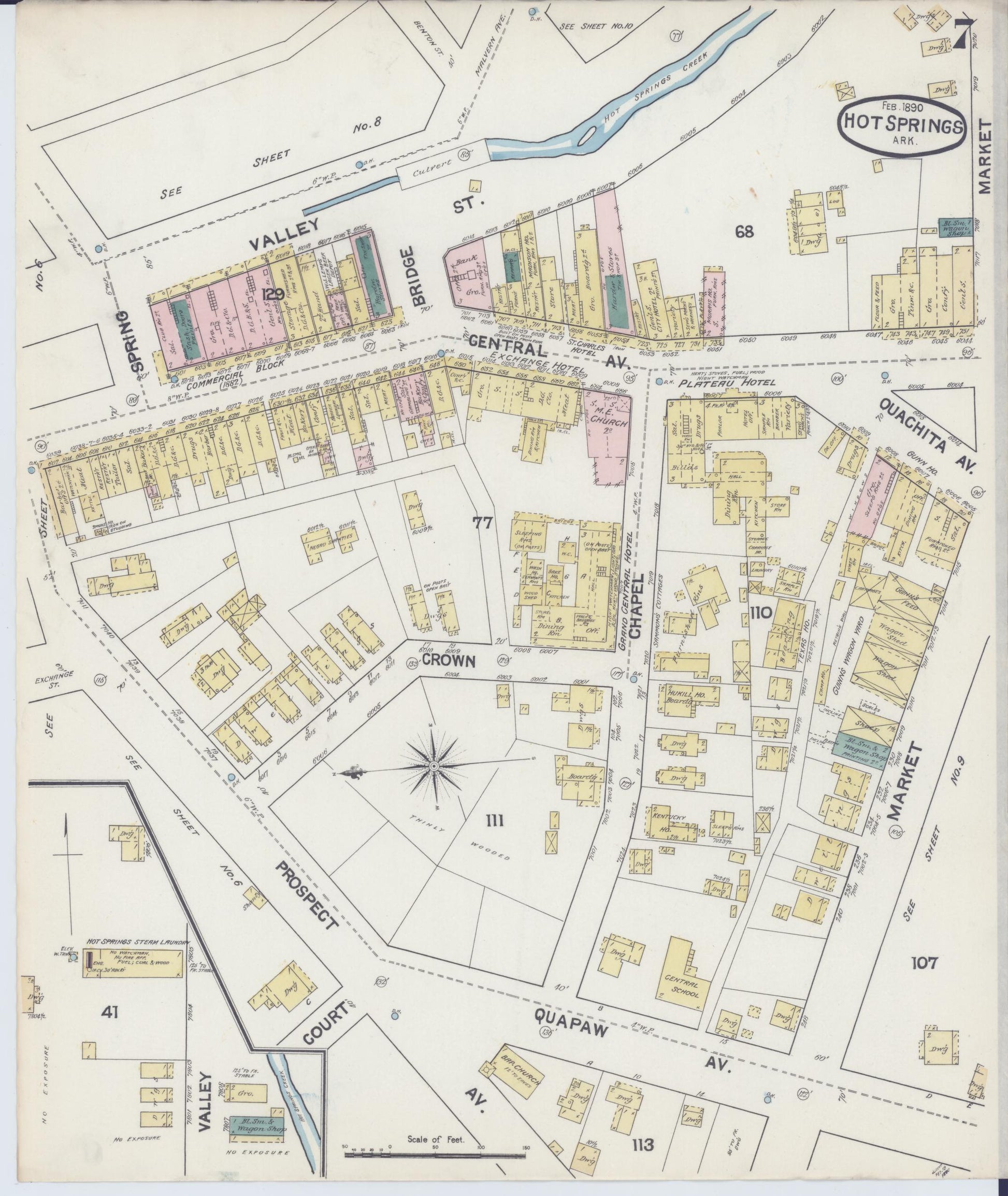Sanborn Fire Insurance Map from Hot Springs, Garland County, Arkansas (1890), Sheet #0007 - Historic Sanborn Fire Insurance Map Print, vintage old map wall art, antique decor, genealogy gift, Arkansas Arkansas map