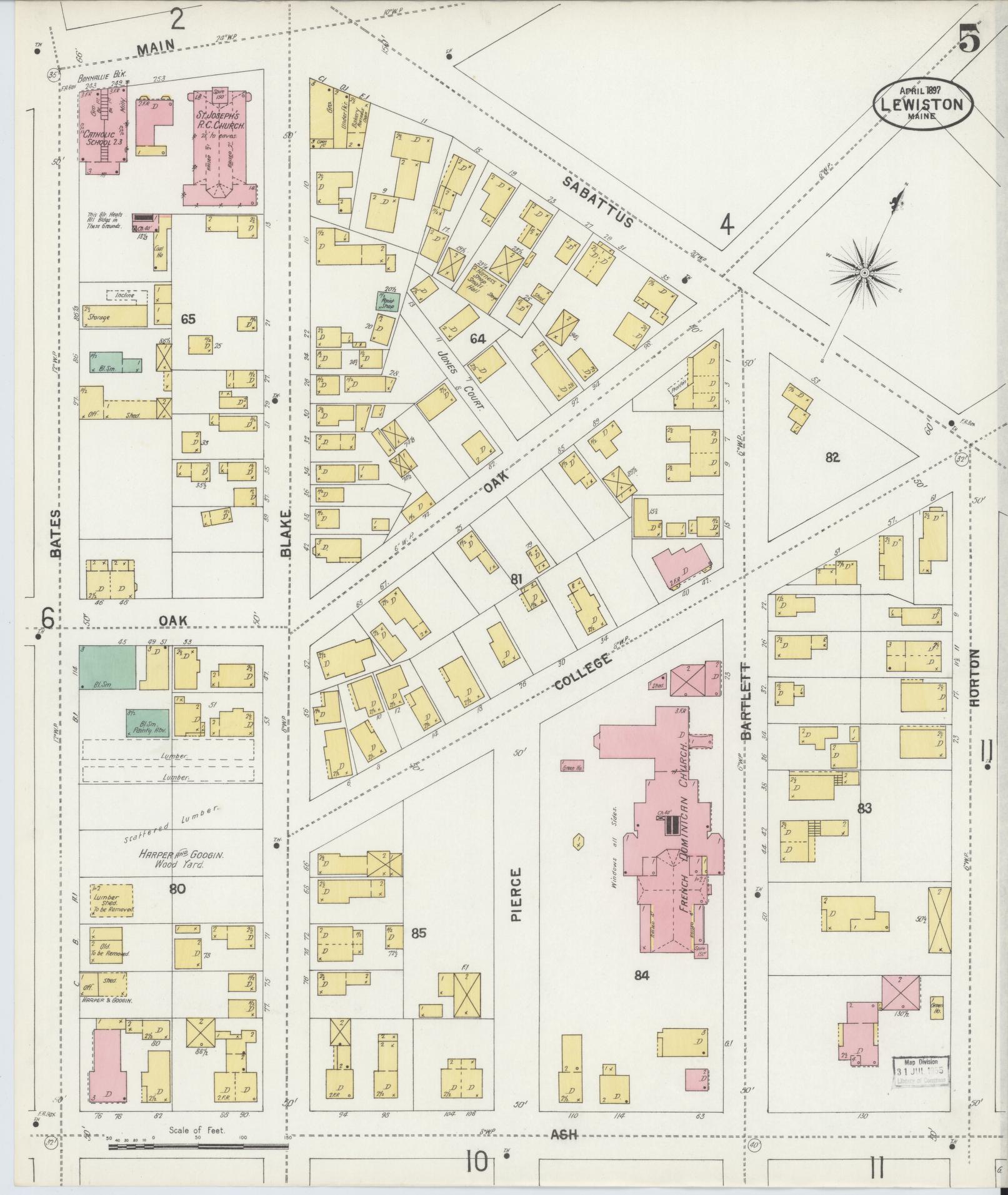 Sanborn Fire Insurance Map from Lewiston, Androscoggin County, Maine (1897), Sheet #0005 - Complete Map Set gallery image, historic Sanborn map, vintage wall art, Maine Maine