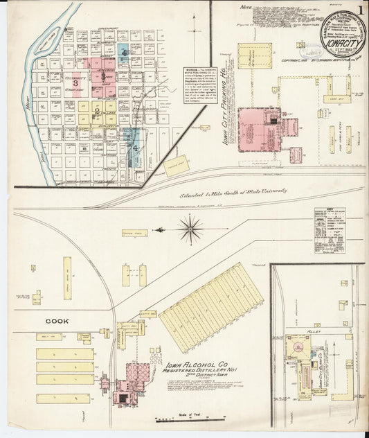 Sanborn Fire Insurance Map from Iowa City, Johnson County, Iowa (1883), Sheet #0001 - Historic Sanborn Fire Insurance Map Print, vintage old map wall art