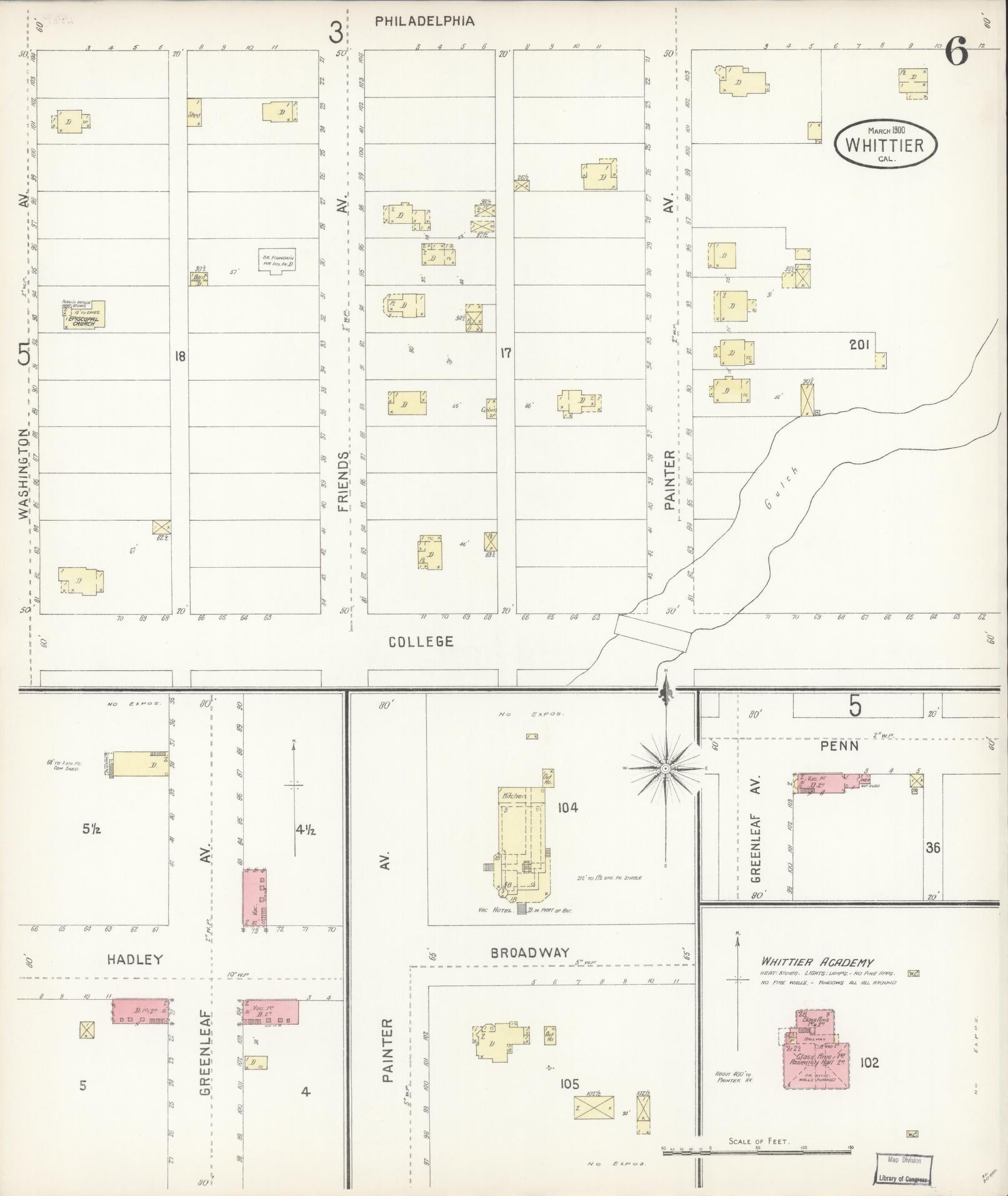 Sanborn Fire Insurance Map from Whittier, Los Angeles County, California (1900), Sheet #0006 - Complete Map Set gallery image, historic Sanborn map, vintage wall art, California California